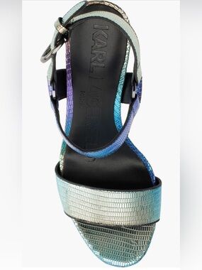 New In Box Karl Lagerfeld Iridescent Cieone Ankle Strap Sandal Heel Size 9.5